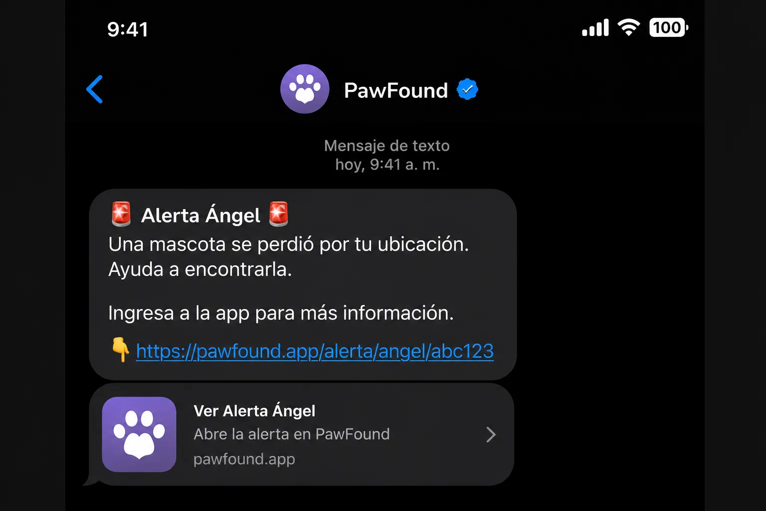 Pantalla de Alerta Ángel con la foto de la mascota y el botón La vi