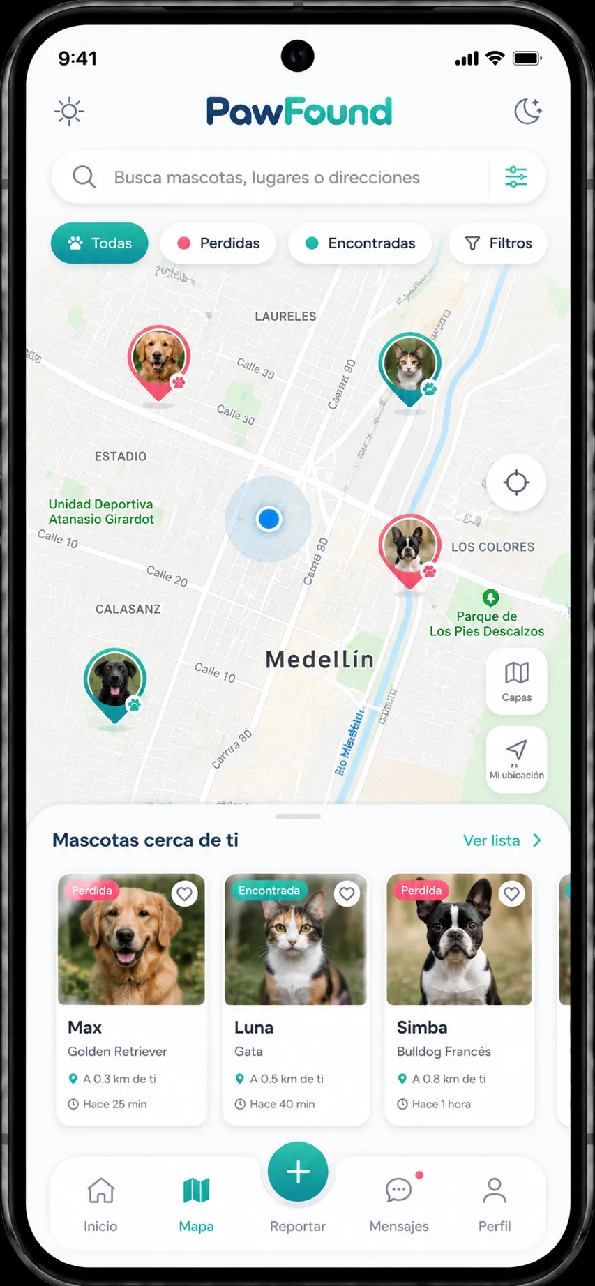Mapa con mascotas perdidas y encontradas cerca y sus círculos de búsqueda